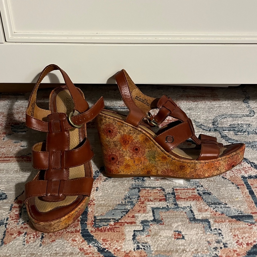 Born size 9 floral cork, brown leather wedge heals